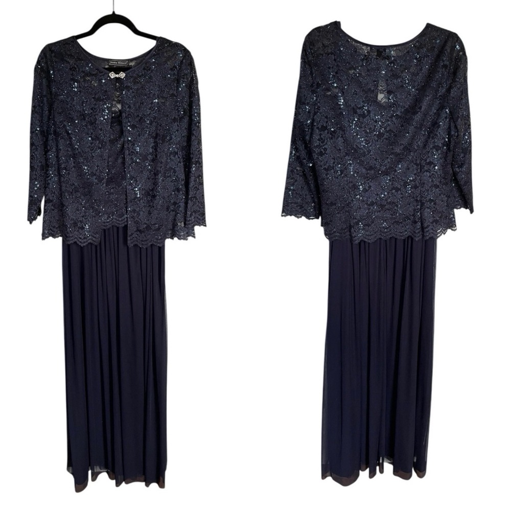 Jessica Howard Sequin Lace Jacket Formal Dress Mother Bride Groom Navy‎ Blue 16